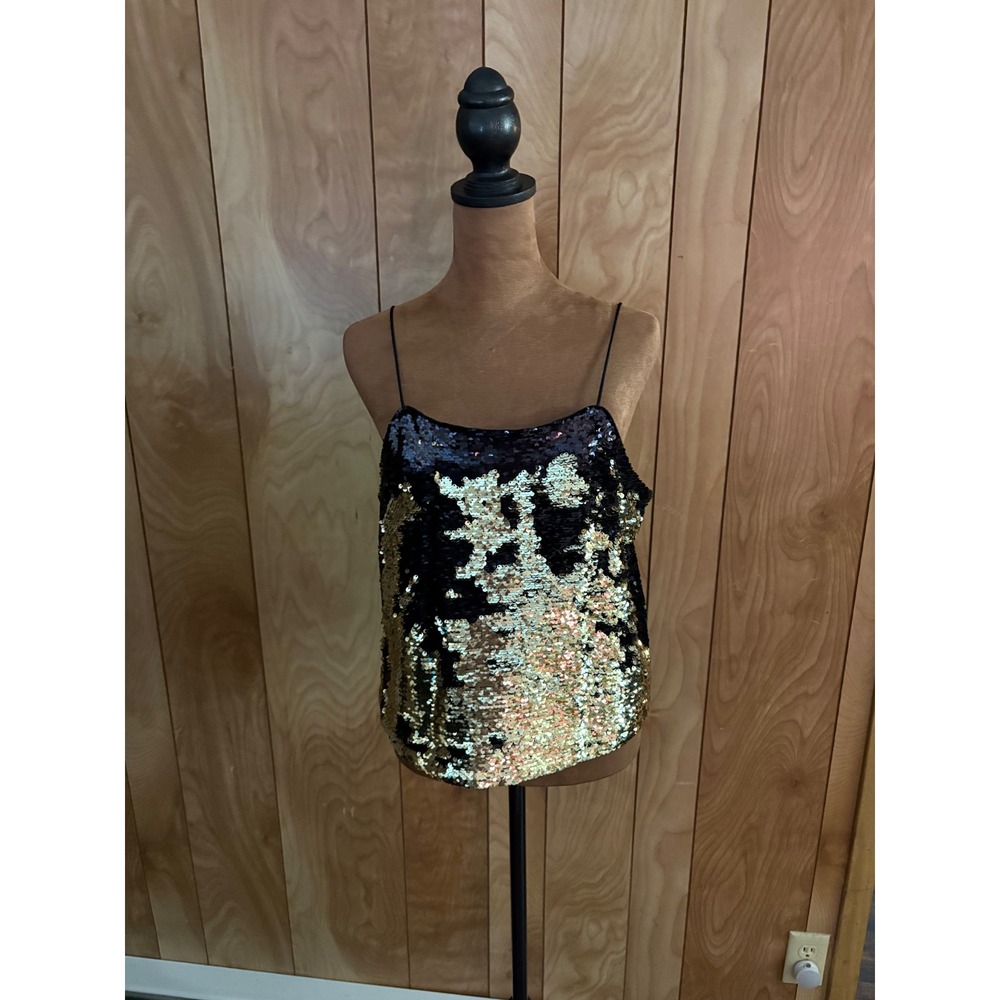 HM Black Gold Sequin Cami Top Spaghetti Strap V-Back Party‎ Tank Womens Size 8